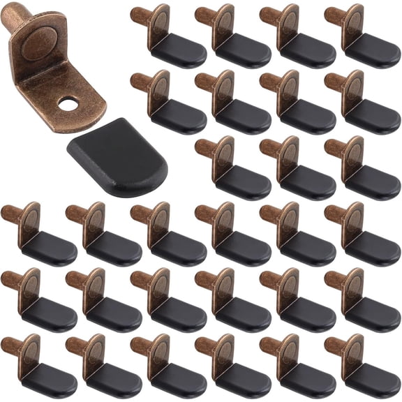 Genreen 30 Pcs Shelf Support Pegs, 1/4 Inch L-Shaped Clips with Rubber Sleeve, Cabinet Shelf Pegs for Bookshelves Glass Corner Shelf Cabinet Furniture, Antique Bronze