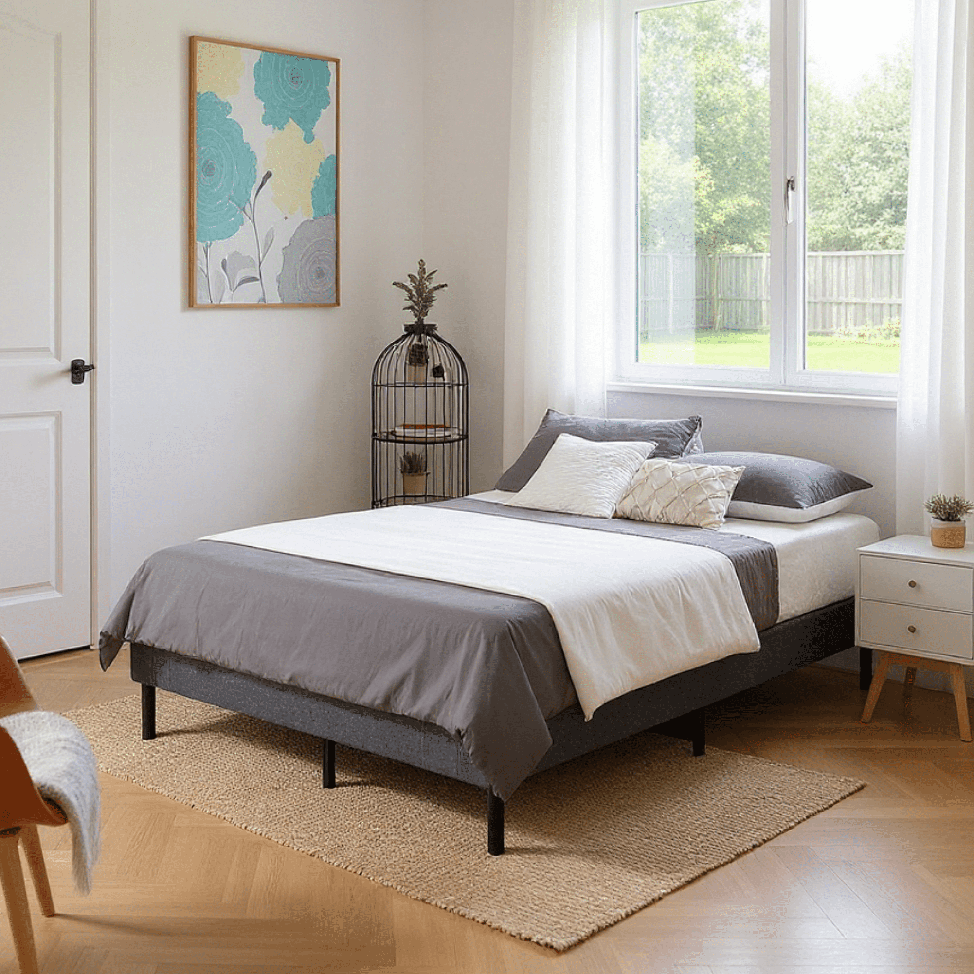Gewnee Twin-size Thick Mattress Bed Frame, Featuring Sturdy Wooden Slat Support and a Center Leg.No Box Spring Required