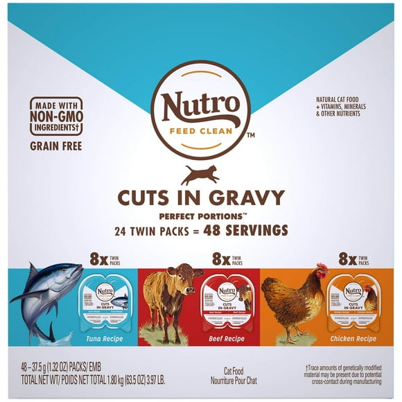 NUTRO Grain Free Natural Wet Cat Food Cuts in Gravy Beef Recipe, Tuna Recipe, and Chicken Recipe Variety Pack, 2.64 oz. PERFECT PORTIONS Twin-Pack Trays, Pack of 24