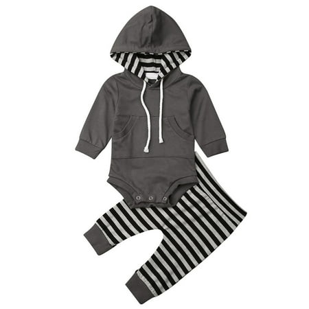 

Peyakidsaa Toddler Baby Boy Hooded Long-Sleeves Romper Top + Stripes Casual Pants 2Pcs Autumn/Winter Outfit 0-2 Years