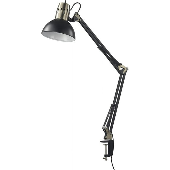32" Multi-Joint Desk Lamp with Metal Clamp, Matte Black, Antique Brass Accents, On/Off Rotary Switch on Shade, Partially Adjustable Swing Arm, Home Décor, Office Accessory