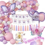 YANSION Baby Shower Decorations, Neutral Baby Shower Elephant Balloons Set Purple Butterfly, Mummy to be Sash, Baby Shower Banner Oh Baby Cake Topper Tassels for Gender Reveal Party Decorations