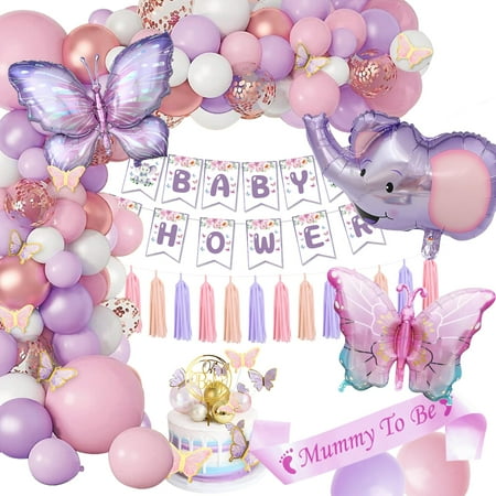YANSION Baby Shower Decorations, Neutral Baby Shower Elephant Balloons Set Purple Butterfly, Mummy to be Sash, Baby Shower Banner Oh Baby Cake Topper Tassels for Gender Reveal Party Decorations