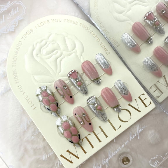 ADITYSHOP - Handmade Shimmering Silver Diamonds Press-On Nails Small, Kit included