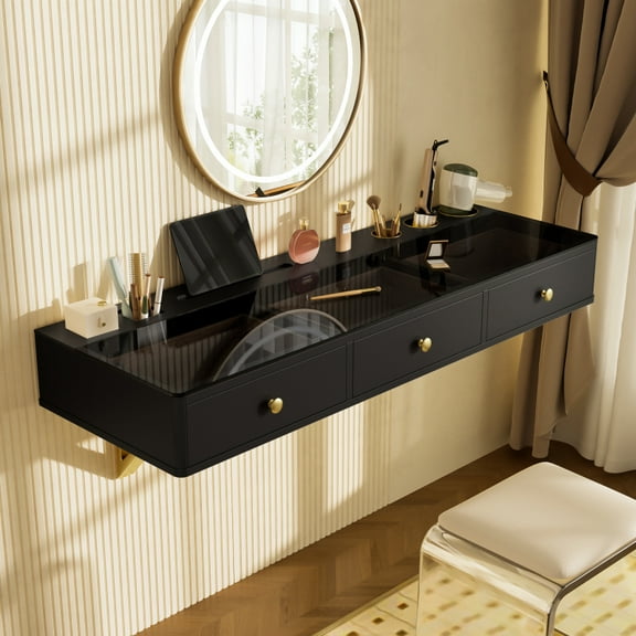 GO 47" Floating Shelf with Drawer, Multi-Purpose Wall-Mounted Vanity Table, Mounted Desk, Floating Table for Bedroom, Bathroom, Hairdressers, Black and Golden