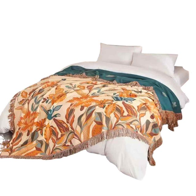 Manta bohemia grande, suave manta de algodón orgánico para sofá cama, manta con decoración floral de granja, manta reversible para sofá, colcha y regalo