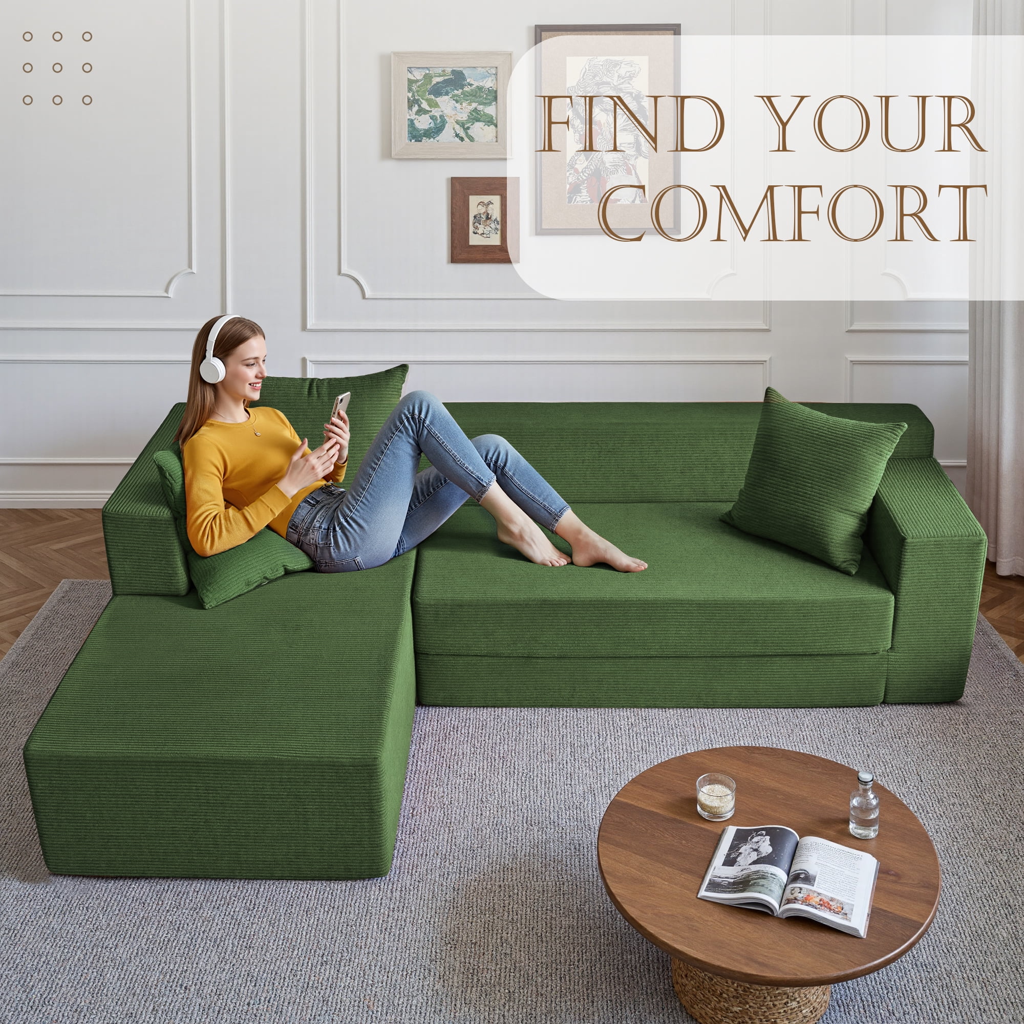 YINIX 106.5" Modular Sofa Couch  for Living Room , Cloud L-Shaped  Sofa with Deep Seating Upholstered, Green