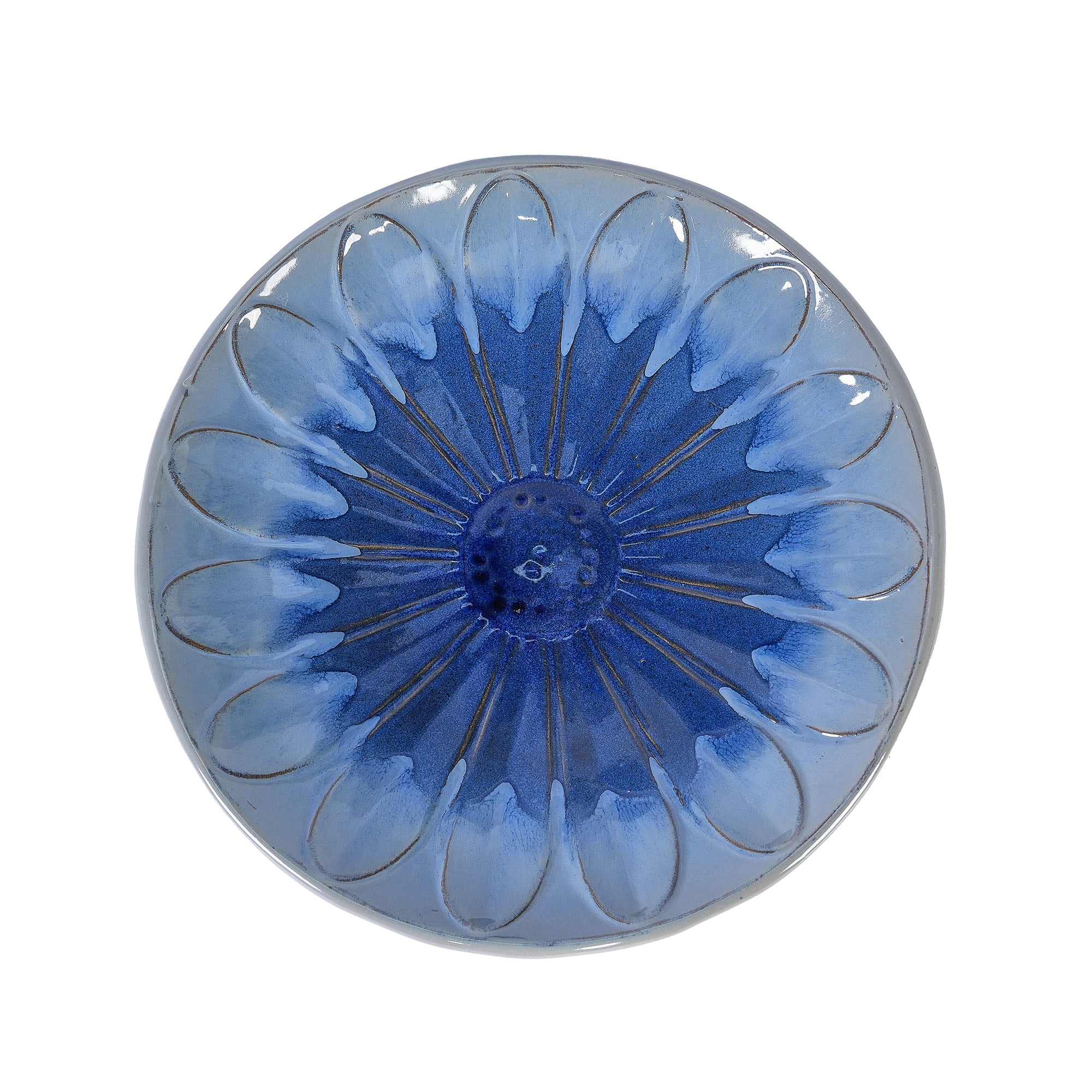 CQSXDA 17" Ceramic Pedestal Birdbath, Blue Gray Ombre Floral Pattern, Outdoor Garden Decor