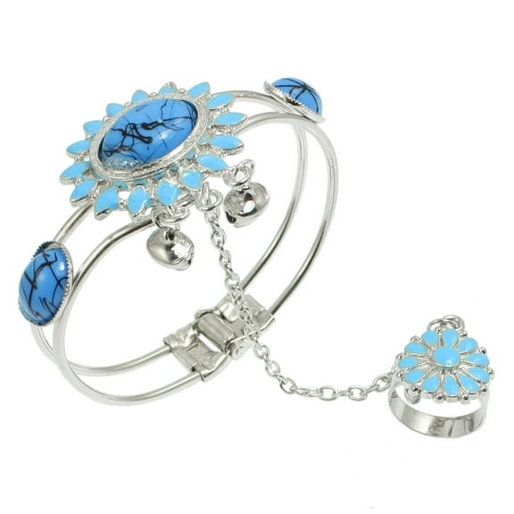 REGALWOVEN Lady Fashion Oval Flower Design Light Blue Beads Decor Finger Ring Bracelet