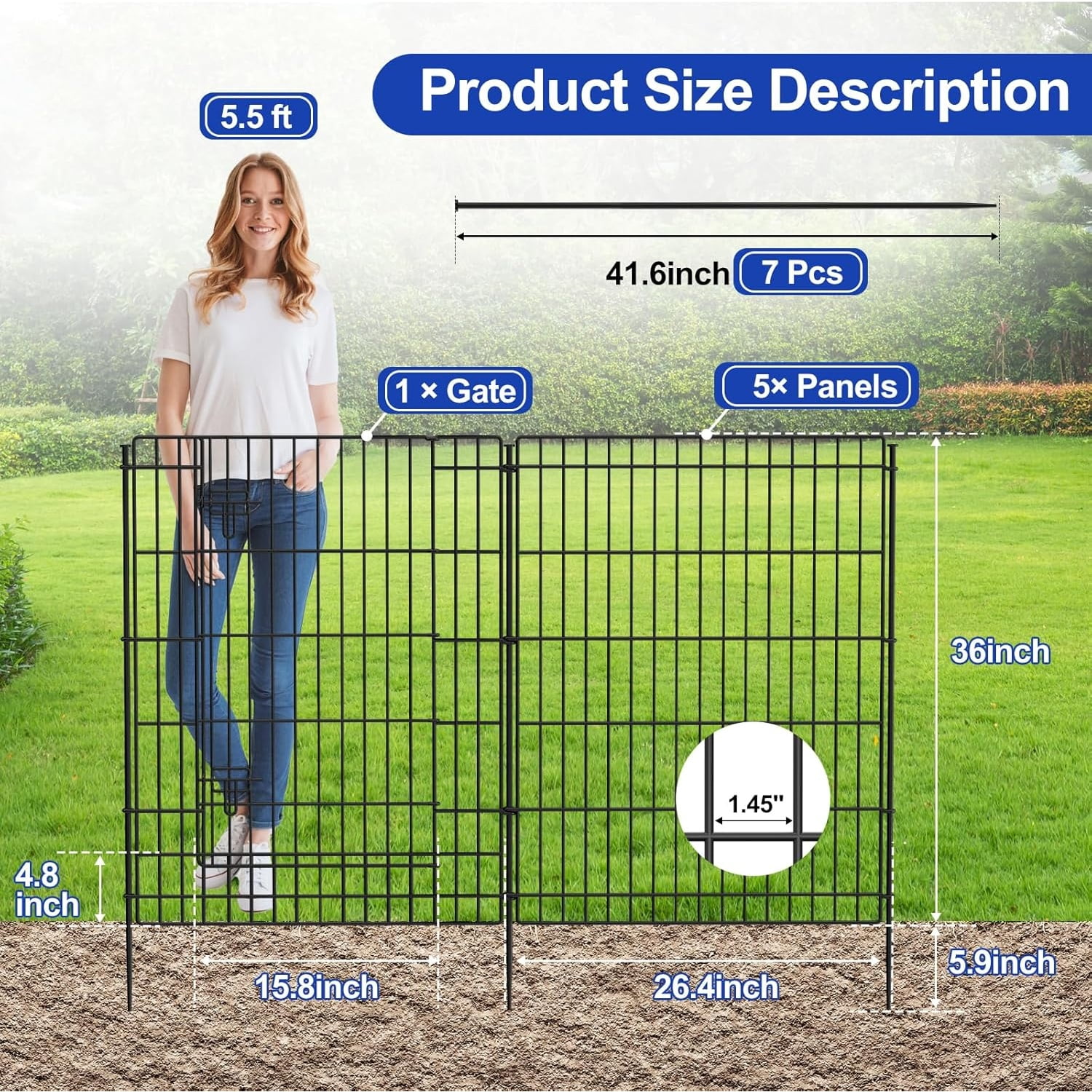 Decorative Garden Fence 6 Panels 13ft (L)×36in (H) Metal Garden Fences with 5 Panels + 1 Gate, Animal Barrier Rabbit Fence Rustproof Wire Temporary Dog Fencing Outdoor for Yard Lawn Patio