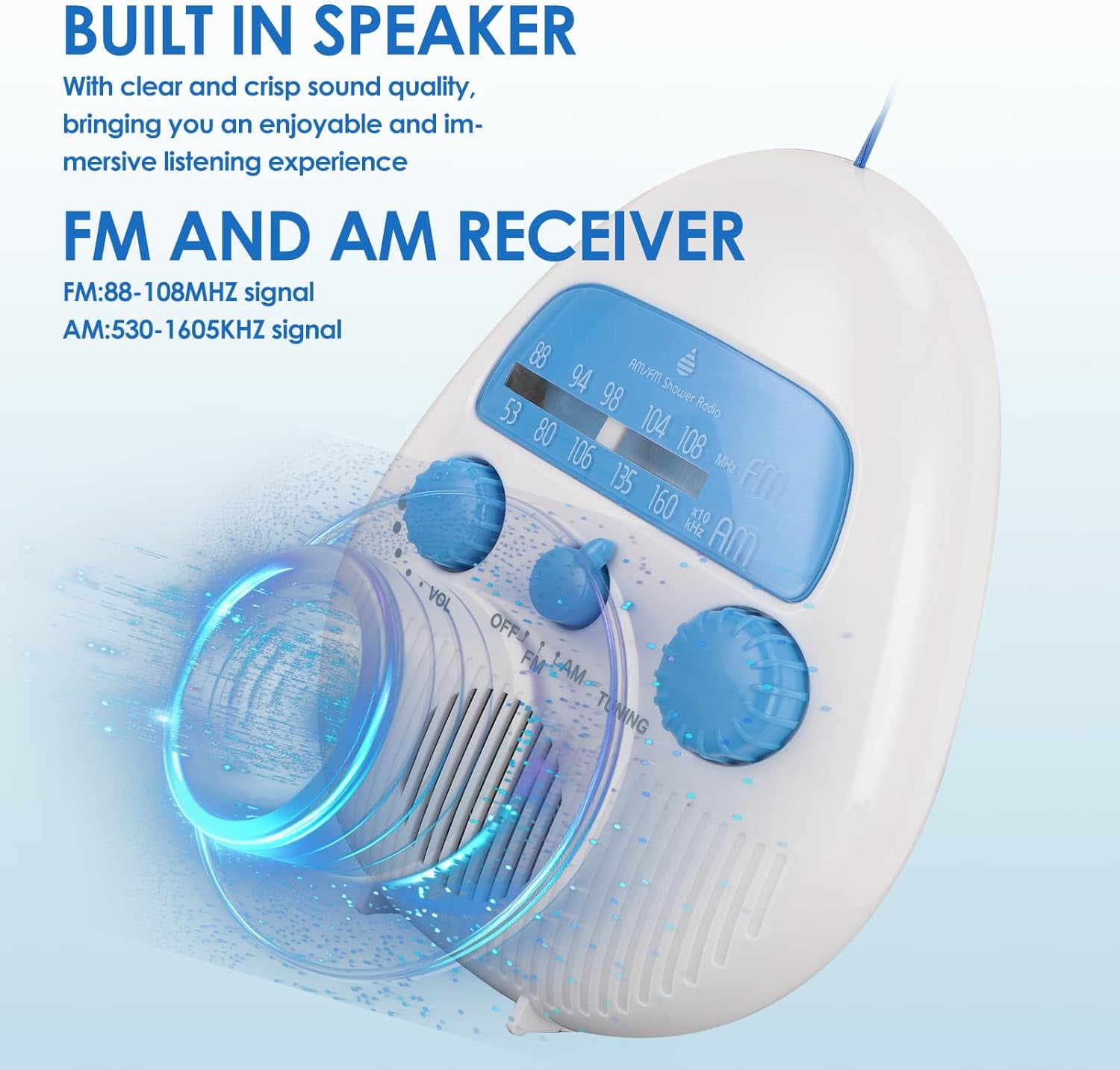 Waterproof Shower Radio, Portable AM/FM Bathroom Radio with Large Speaker for Crystal Clear Sound, Anti-Fog Design for Steamy Showers, Enjoy News & Music with Easy Knob Control.
