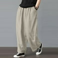 thumbnail image 2 of Wuxian Linen Pants Women Baggy High Waisted Wide Leg Solid Color Drawstring Elastic Trousers Comfy Straight Leg Long Loose Fit Summer Flowy Palazzo Pants,Beige,XL, 2 of 4