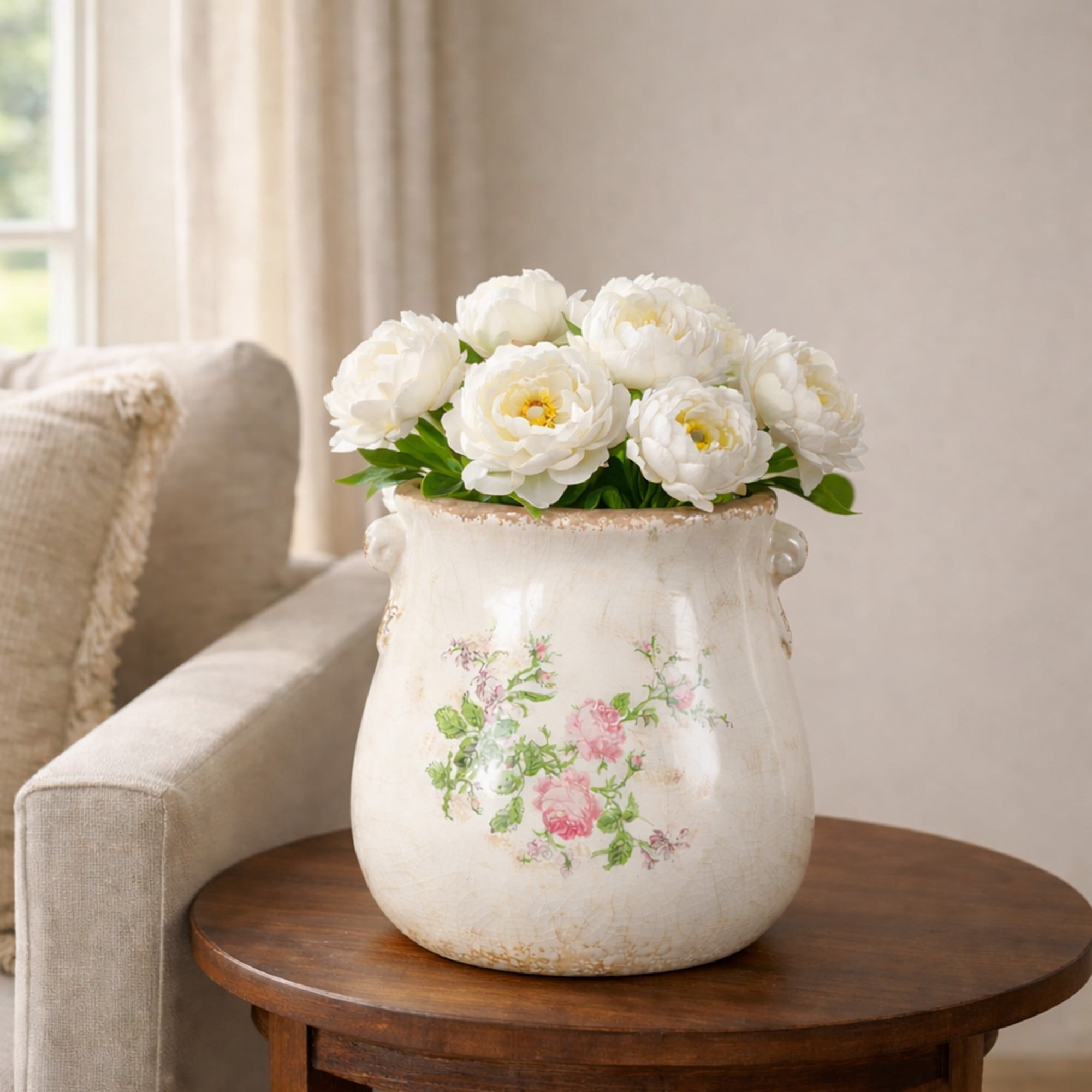 10in. Floral Print Tuscan Ceramic Scroll Planter