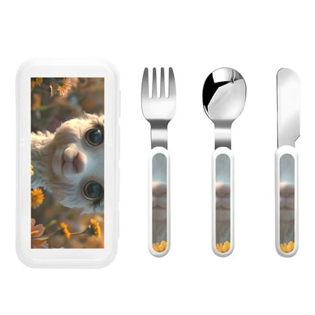 

Gaeub Adorable Llama In Flowers Print 3-Piece Children Knife Spoon Fork Set Stainless Steel Child Flatware Set Kids Utensils Set with Case for Lunch Box (Fork Spoon Knife Combo)