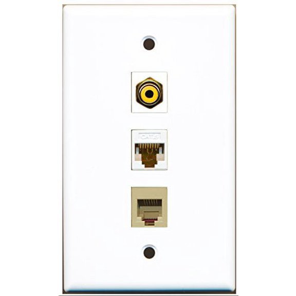 RiteAV - 1 Port RCA Yellow and 1 Port Phone RJ11 RJ12 Beige and 1 Port Cat6 Ethernet White Wall Plate