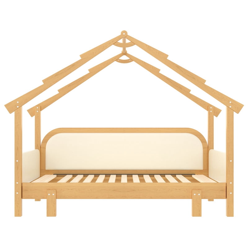 Bellemave Extendable Montessori House Bed, Wood Twin to King Daybed with Soft Cushion Rails, Double Twin Beds with Roof-Shaped, No Box Spring Needed (Natural+Beige)