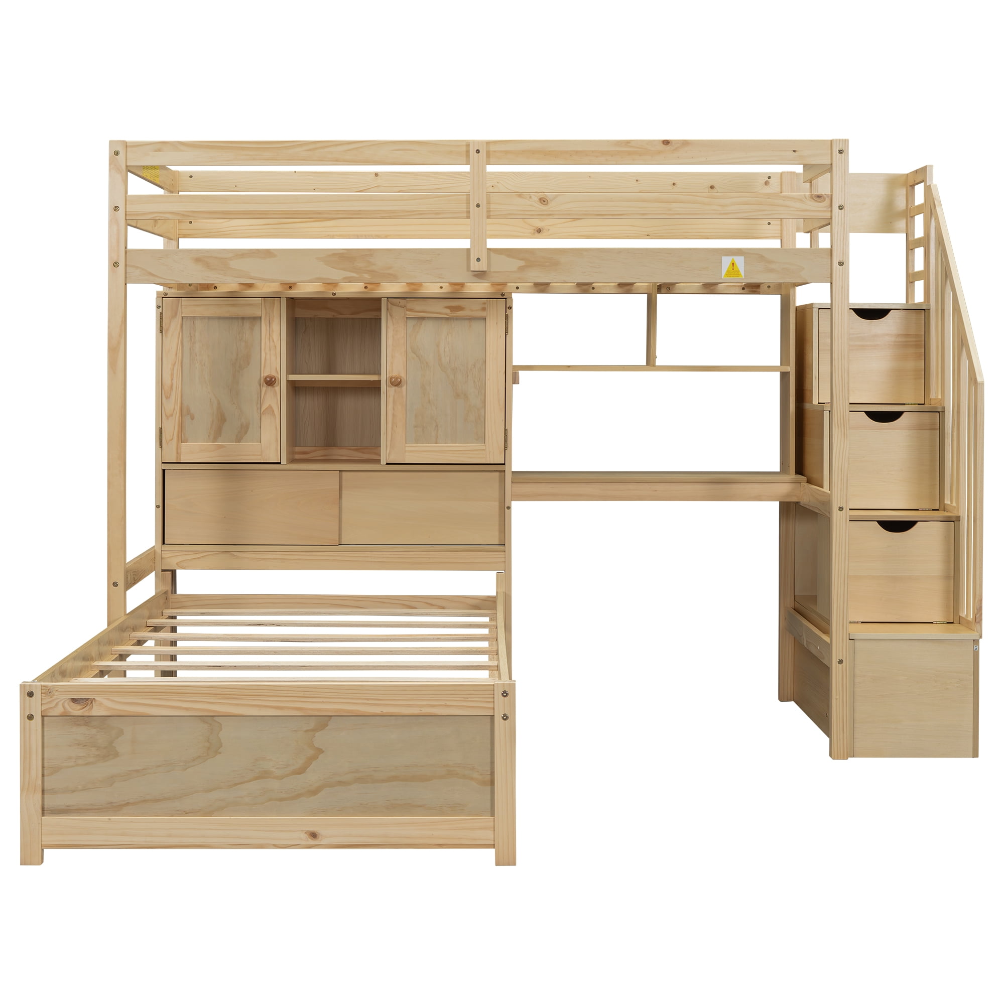 EUROCO Twin over Twin Bunk Bed with Desk and Shleves, Bookcase and Staircase for Kids Teens, Natural