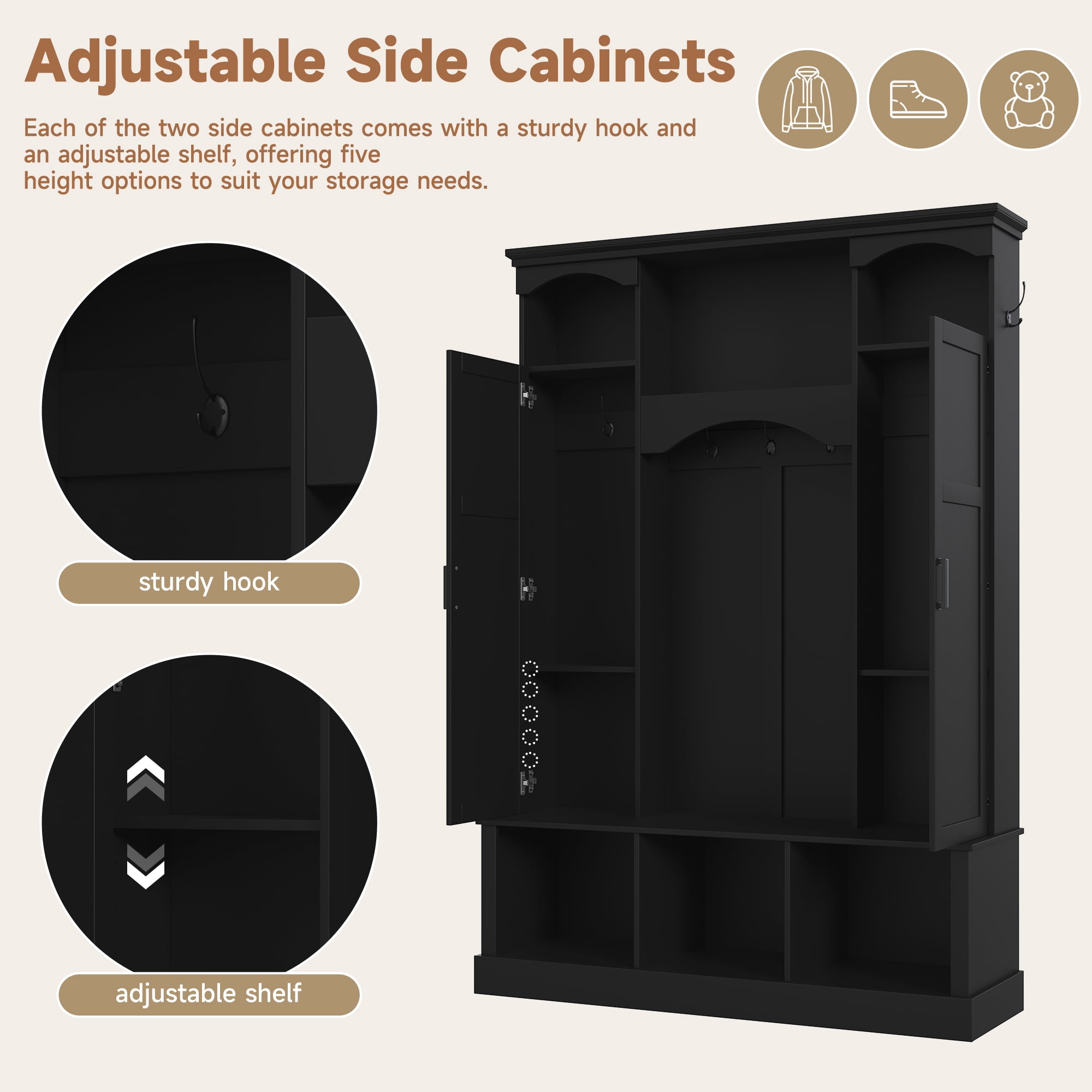 T-Foyer Farmhouse Black Hall Tree with 7 Hooks & 2 Cabinets, Wooden Rustic Entryway Organizer with Open Storage & Adjustable Shelves