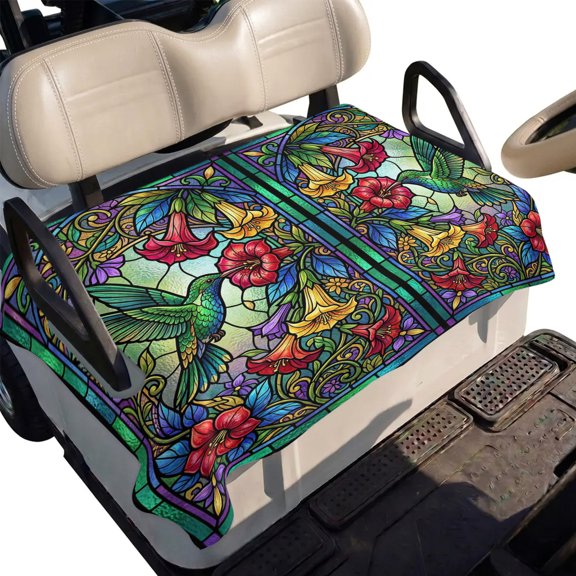 Golf Cart Seat Cover Green Hummingbirds Club Car Golf Cart Seat Covers Soft Absorbent Golfcart Towel Blanket Shiny Stained Glass Flowers Golf Seat Covers for Cart Decor Fits 2 & 4 Passenger 51"x31"