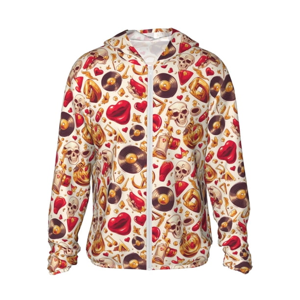 Fotbe Skull Retro record lips Chaqueta con Protección Solar UPF 50+ para Hombre y Mujer, Camisa con Capucha y Bolsillos-Small