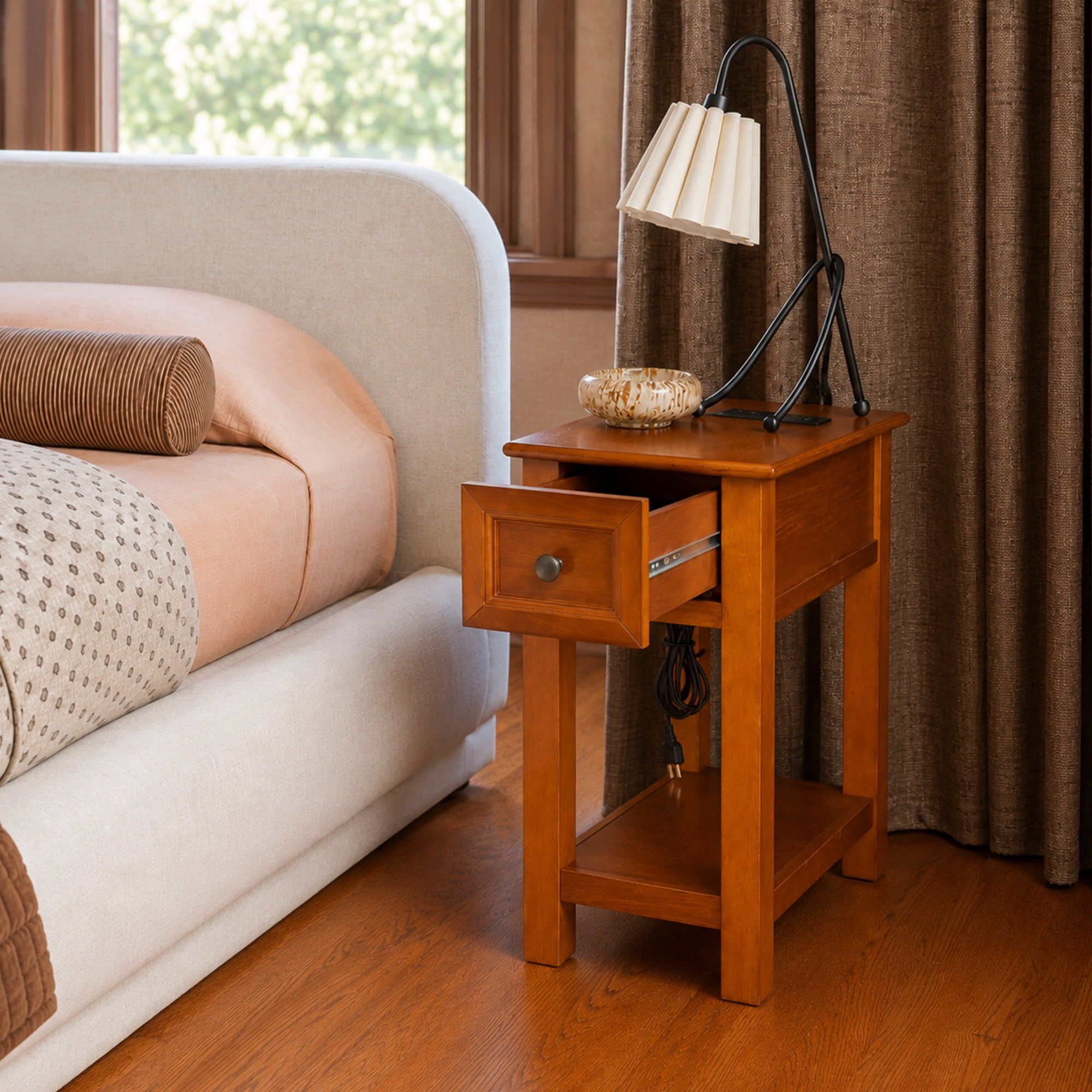 Leumius End Table with Drawer and Shelf, Veneers and Wood Construction Walnut Color for Living Room and Bedroom