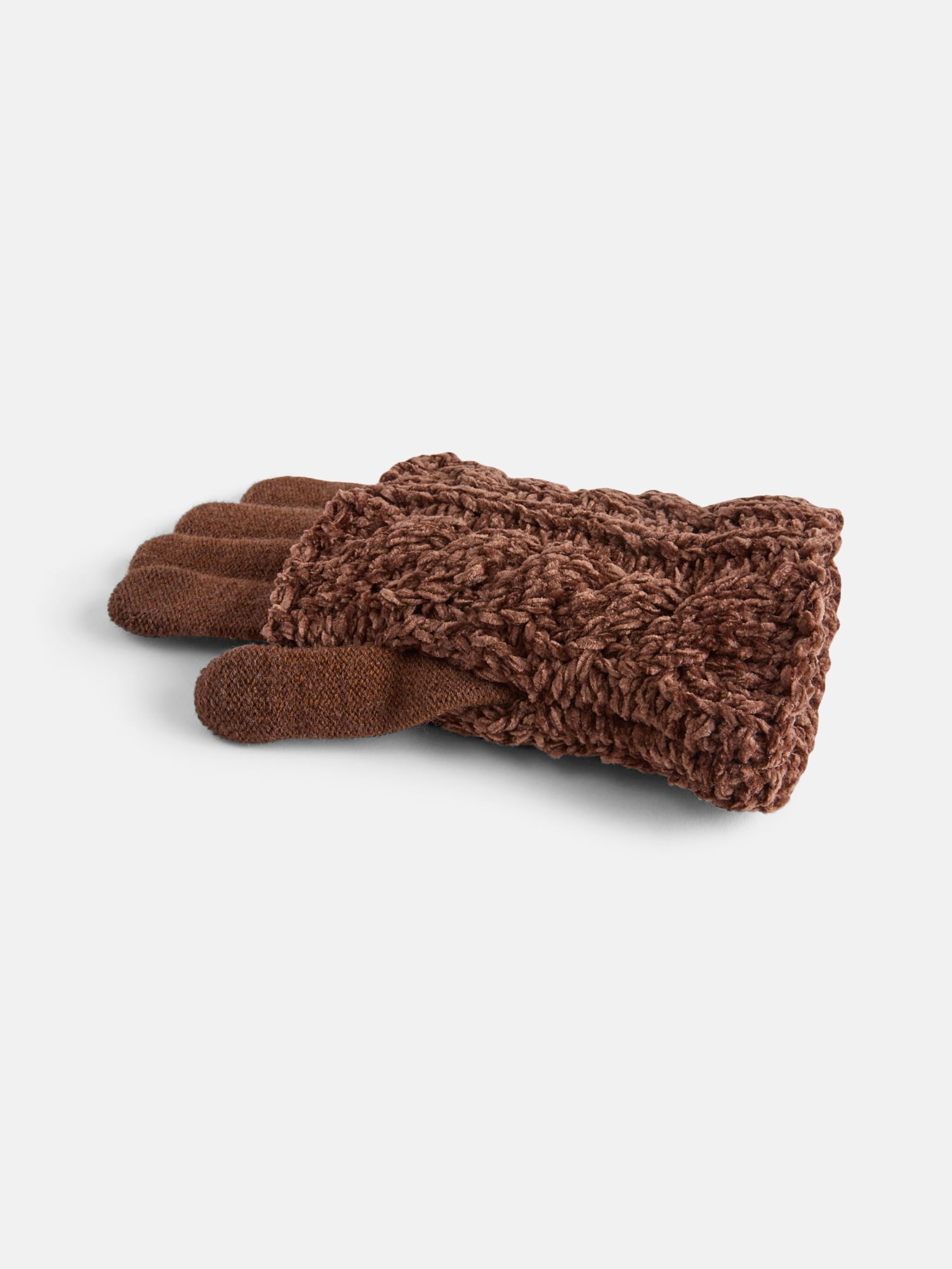 MNYC Women's 2 PC Cable Knit Chenille Beanie w/ Matching Gloves, Brown