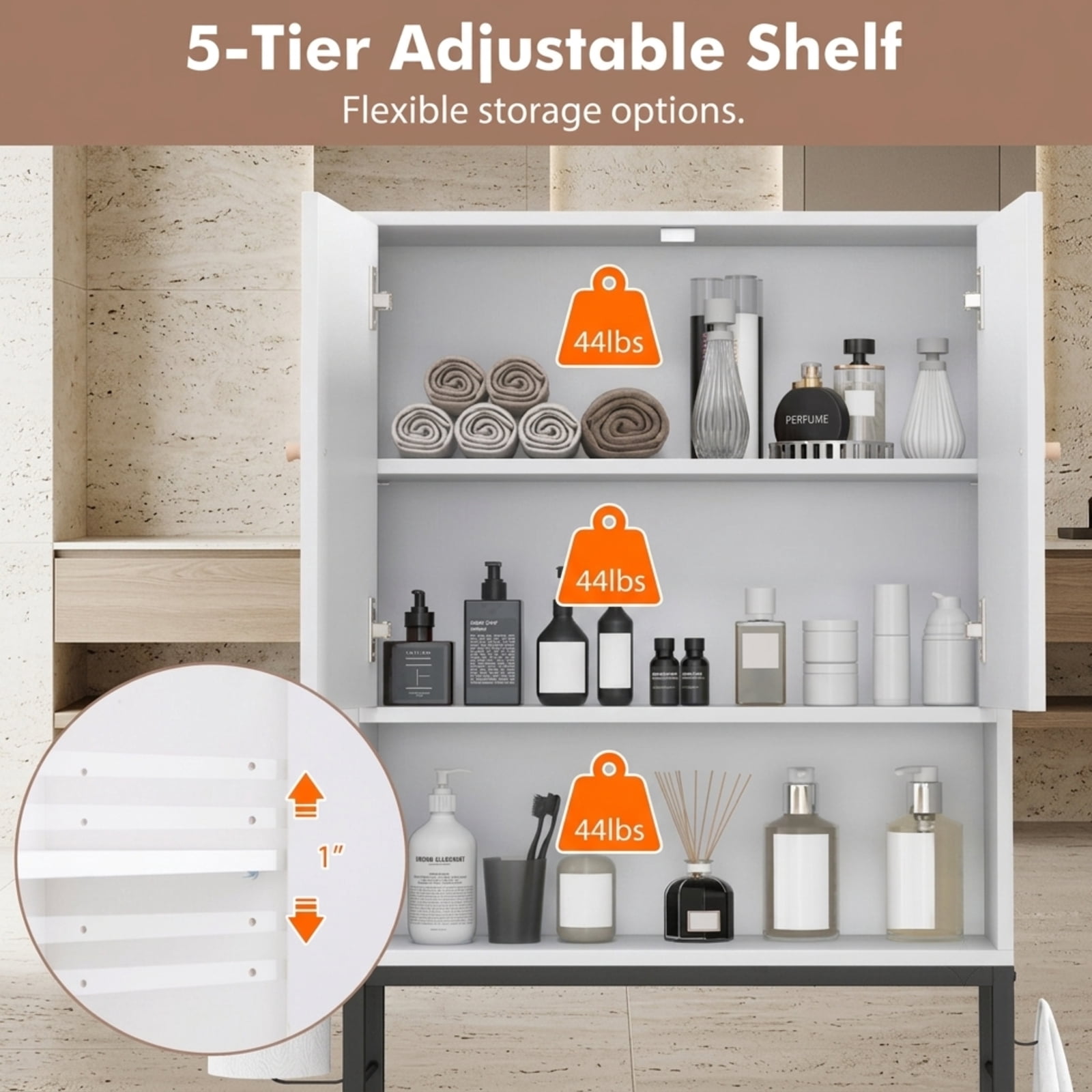 Vebreda Over the Toilet Storage Cabinet with 2 Doors and 1 Adjustable Shelf for Bathroom Space Saving Organization, White
