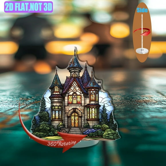 A rotating acrylic piece featuring a majestic manor on a sapphire with wisteria, coral mountains, and glowing mist, all in vibrant detail