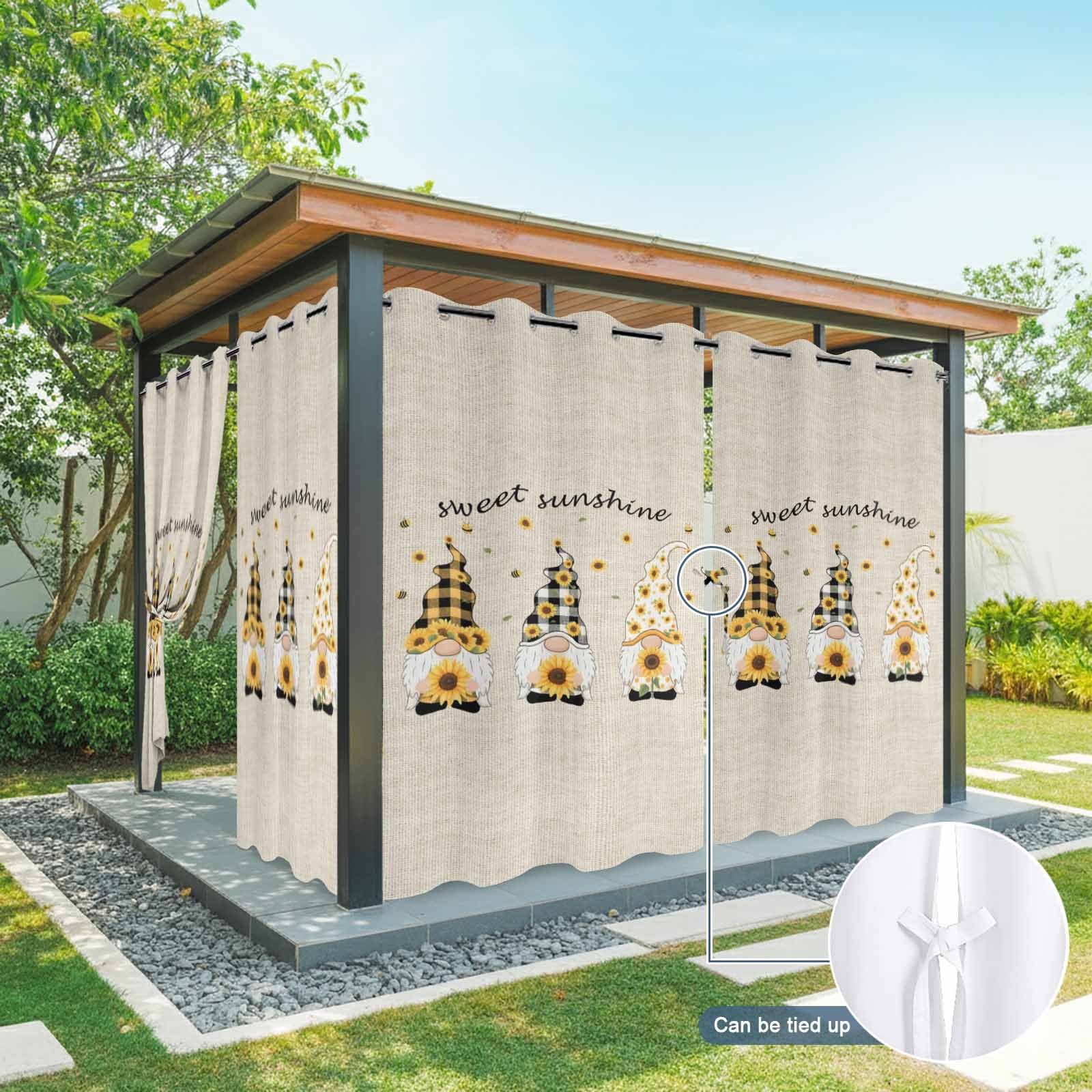 2 Panels Outdoor Curtains for Patio Waterproof 54"x95" Vintage Gnomes Weatherproof Privacy Outsides Curtains, Sunflowers Summer Botanical Retro Art Rustic Grommet Thermal Drapes for Cabana Porch
