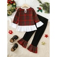 thumbnail image 4 of Mikrdoo Kid Toddler Girls Outfits Plaid Print Flare Long Sleeve Ruffled Trim Tops Elastic Bell-bottomed Pants 2Pcs Christmas Clothes Sports Set Size: 4-7T, 4 of 8