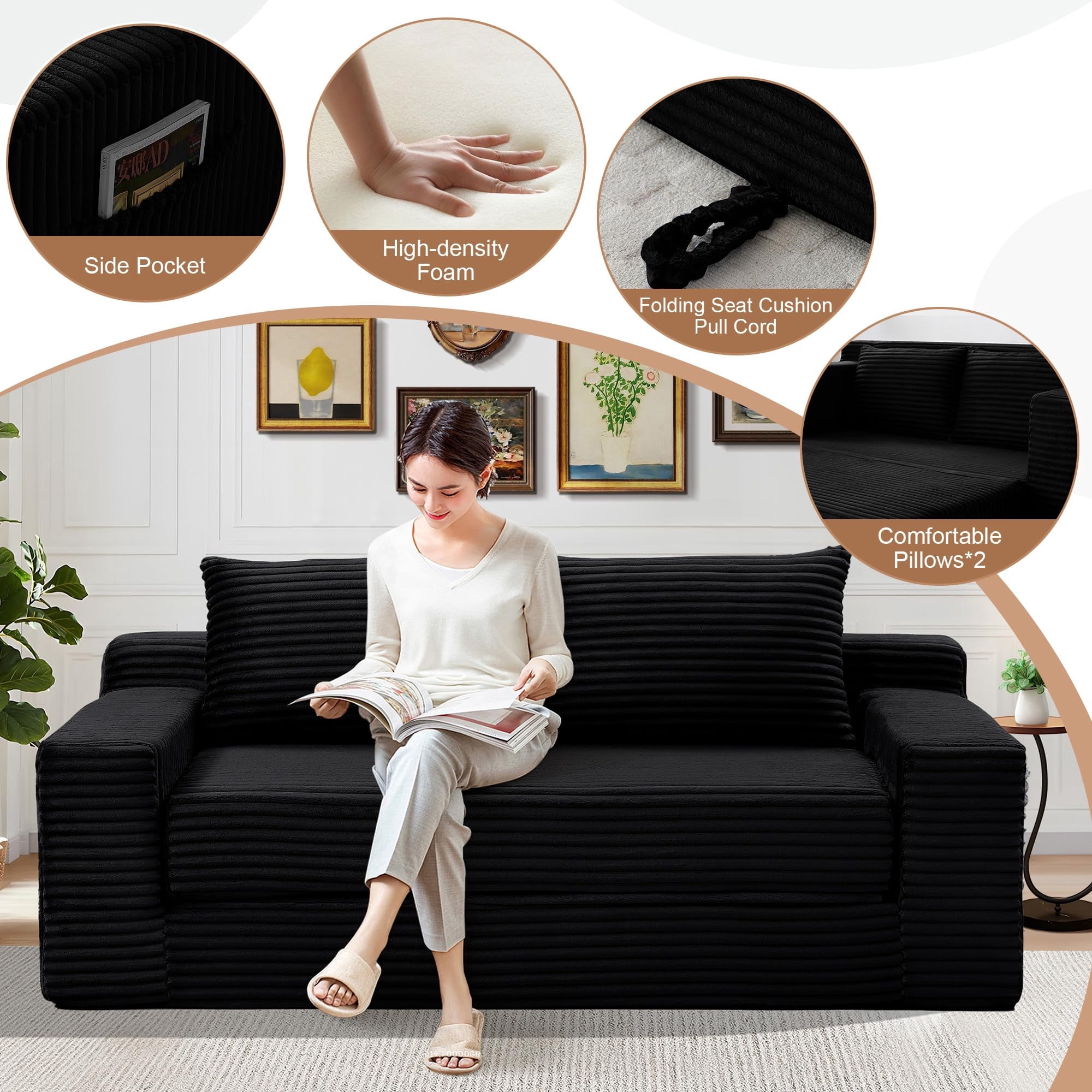 Aukfa 73" Chaise Futon Convertible Sofa Bed Boneless Couch, 2 Pillows&Side Pockets, Queen Size, Corduroy, Black