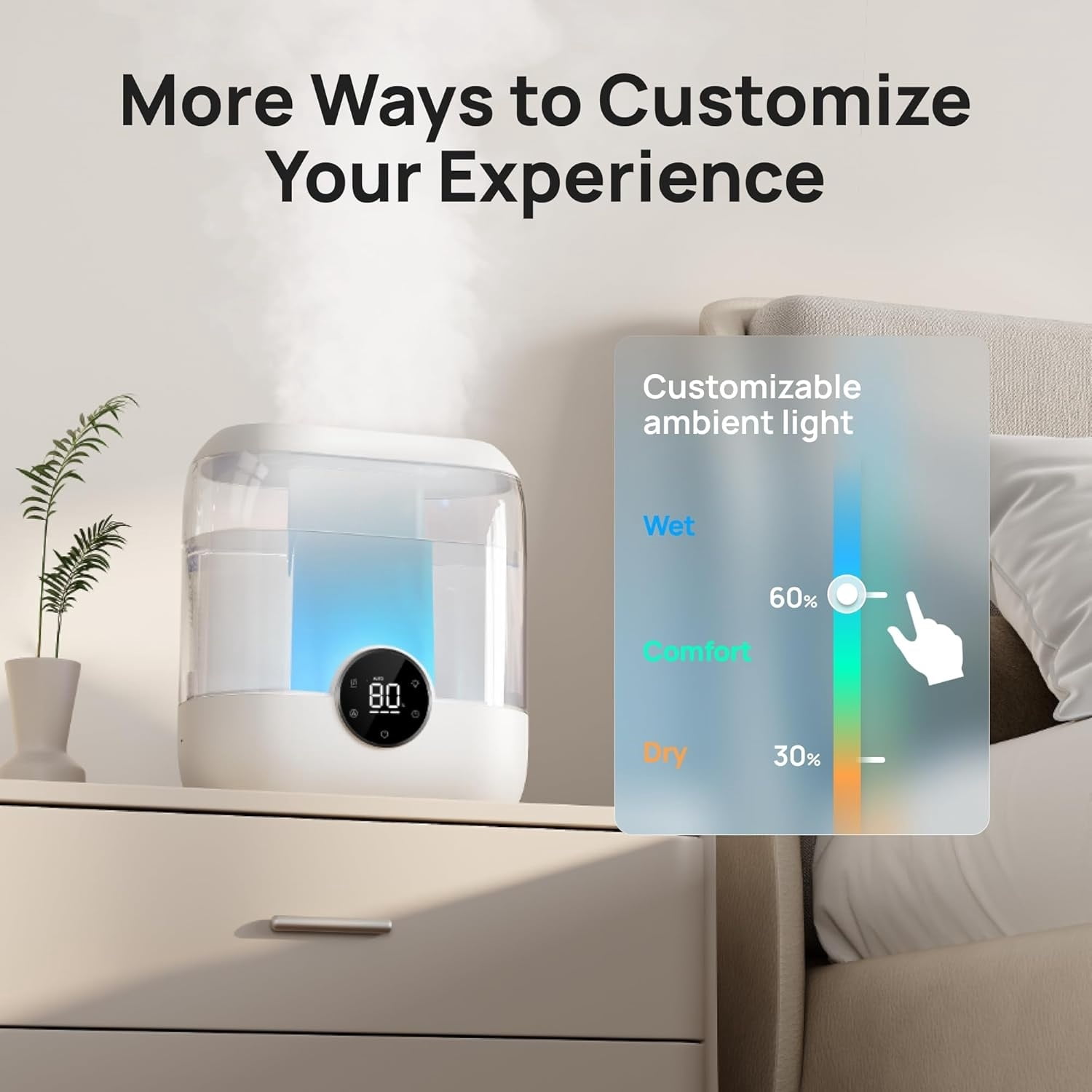 Smart Humidifiers for Bedroom, 6L Top Fill Supersized Cool Mist Humidifier for Large Room, 60 Hour Runtime, Quiet Ultrasonic Humidifiers for Plants, Baby, Indoor, Home, Night Light, White