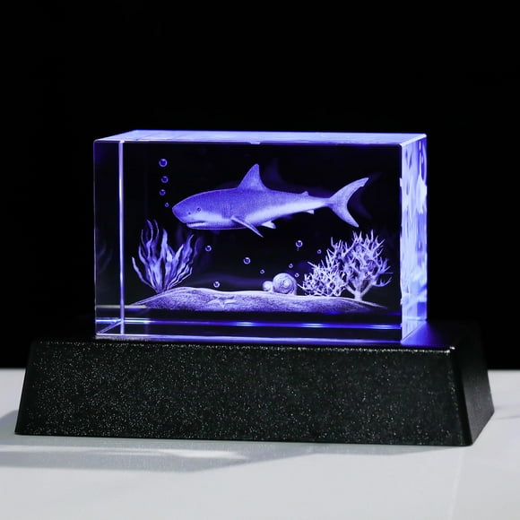 Figura Movdyka con forma de tiburón de cristal 3D con base de luz LED, 12 x 6 x 8 cm