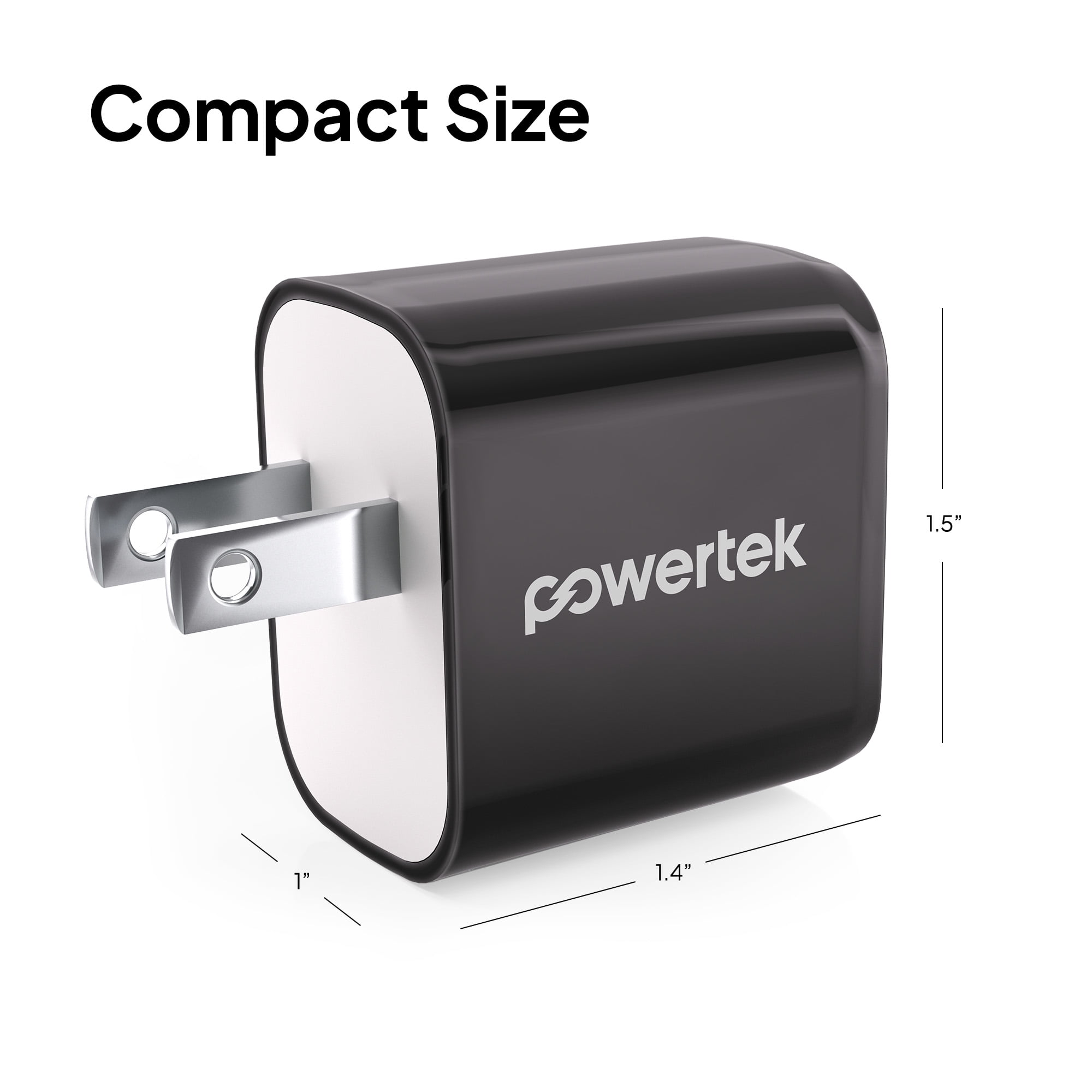 Powertek Luxe 20W USB-C + 18W USB-A Fast Charging Dual Port Block, Black, Compatible with iPhone, Android, Tablets & USB Devices, Compact Travel Adapter