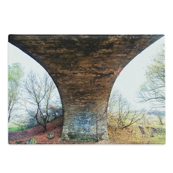 Landscape Cutting Board, Pillar of Old Stone Bridge in Rural Area Historic Architecture Landmark, Decorative Tempered Glass Cutting and Serving Board, Large Size, Brown Green, by Ambesonne