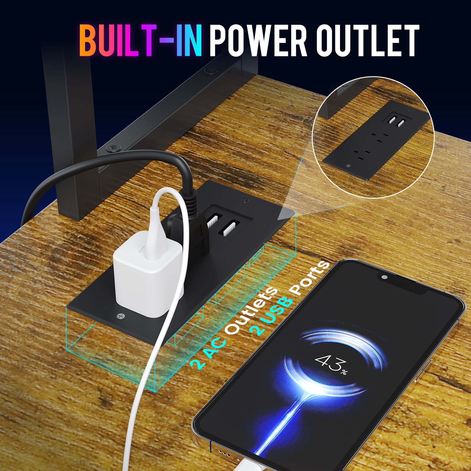 CLOUDREST PTO 53" L-Shaped Gaming Desk, Power Outlets & RGB LEDs, Brown