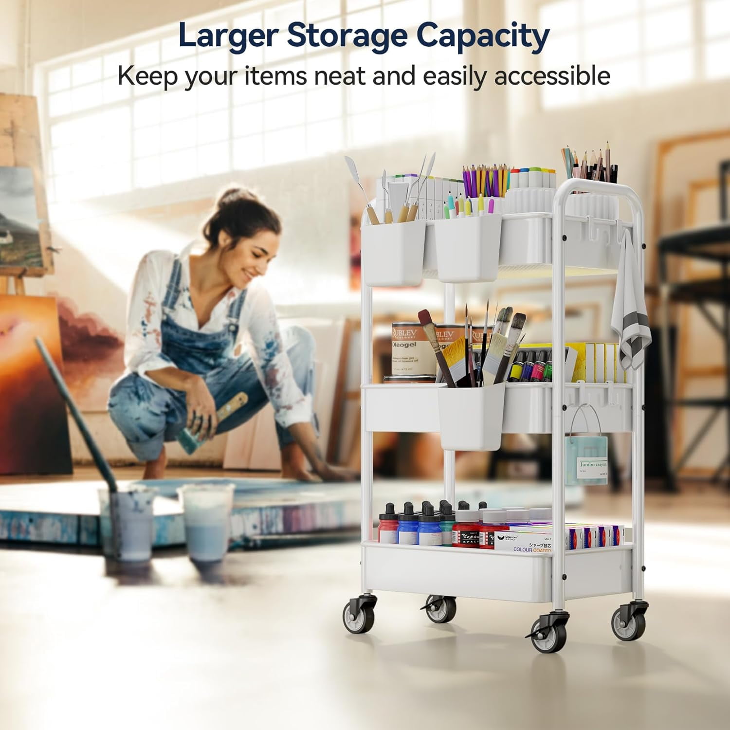 Metal 3 Tier Rolling Cart - Heavy Duty Utility Cart with Lockable Wheels, Hanging Cups, Hooks, Mesh Rolling Storage Cart Craft Cart Organizer, Lightweight and Sturdy, White