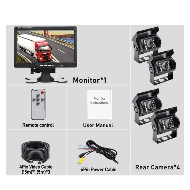 7" LCD Color TFT Rear View Monitor 800*480 for Bus Truck RV IR LED Back up Reverse Camera 4-pin Connector ,Clear Images