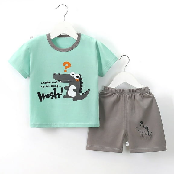 Nrmvnmi Toddler Boy Clothes Kids Summer Outfit Cute Print Round Neck Short Sleeve T-shirt Tops   Elastic Waist Shorts 2 Piece Cotton Set
