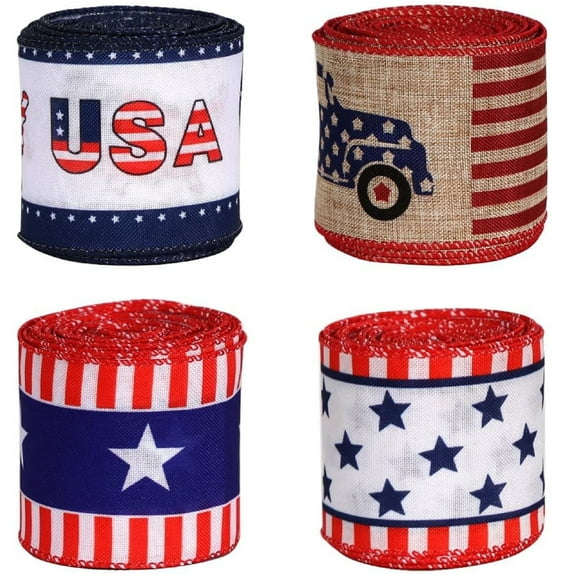 Yhmxh Rolls Patriotic Ribbon Wired 4th of July Burlap Ribbon 2.3" Red White Blue Ribbons USA Flag Stars and Striped Ribbons for Memorial Day Independence Day Veterans Day Farmhouse Decor