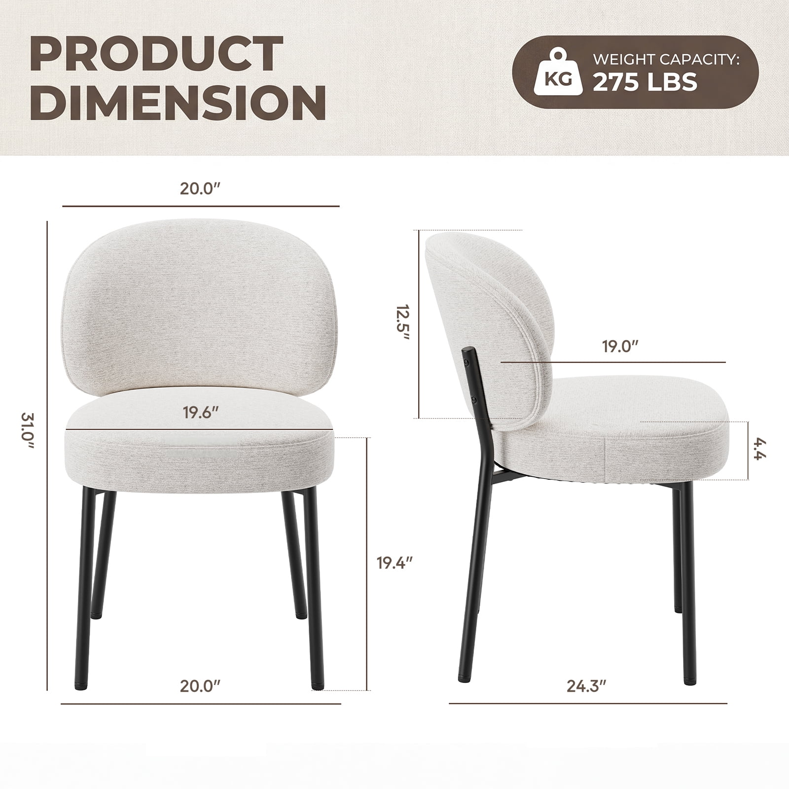 Set of 4 Upholstered Modern Dining Chairs, Mid Century Kitchen Chairs with Curved Backrest and Metal Legs for Dining Room, Living Room, Beige