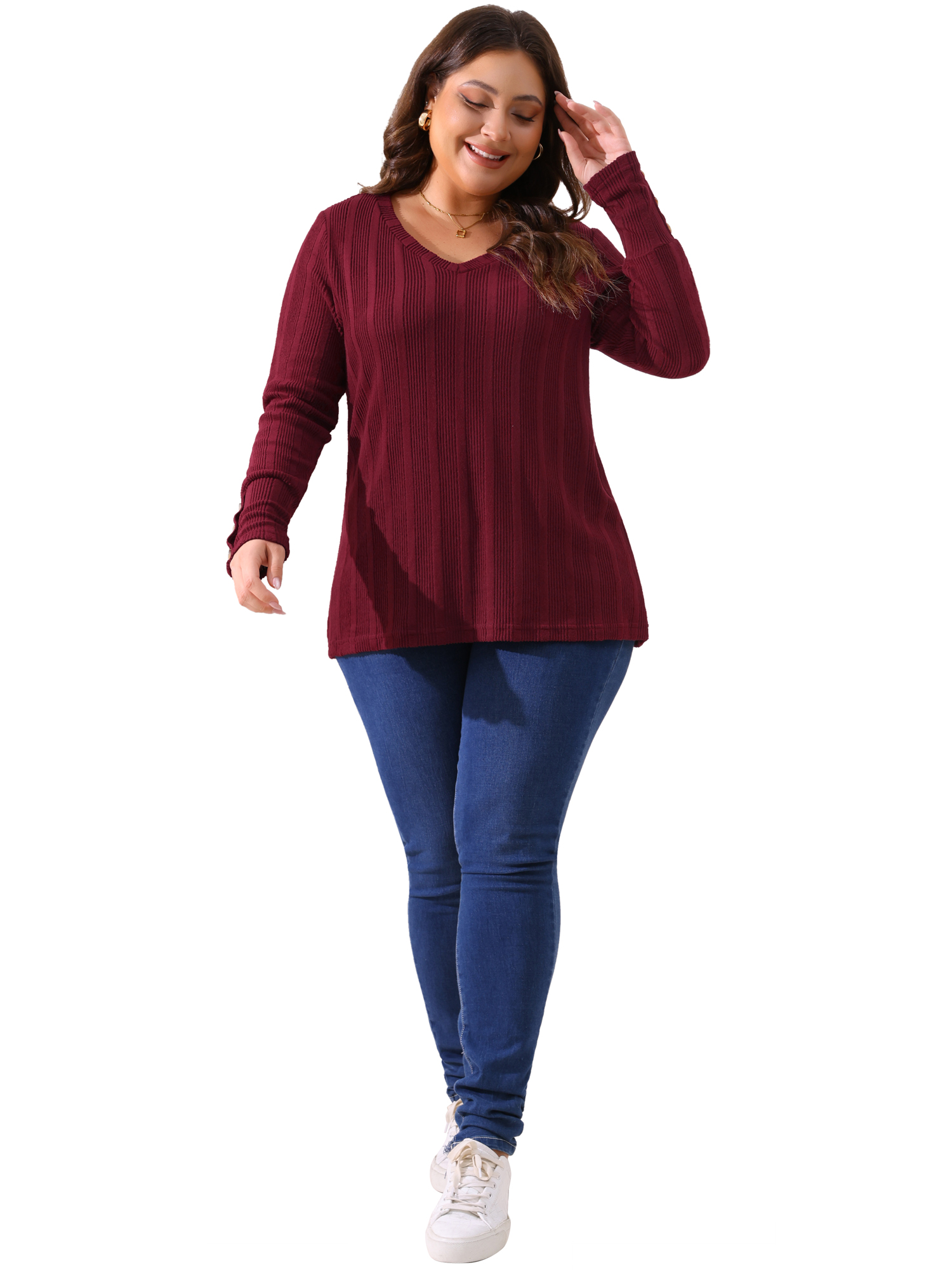 DARING DIVA Women's Plus Knit Tops V Neck Button Stretch Sweater 2X Burgundy