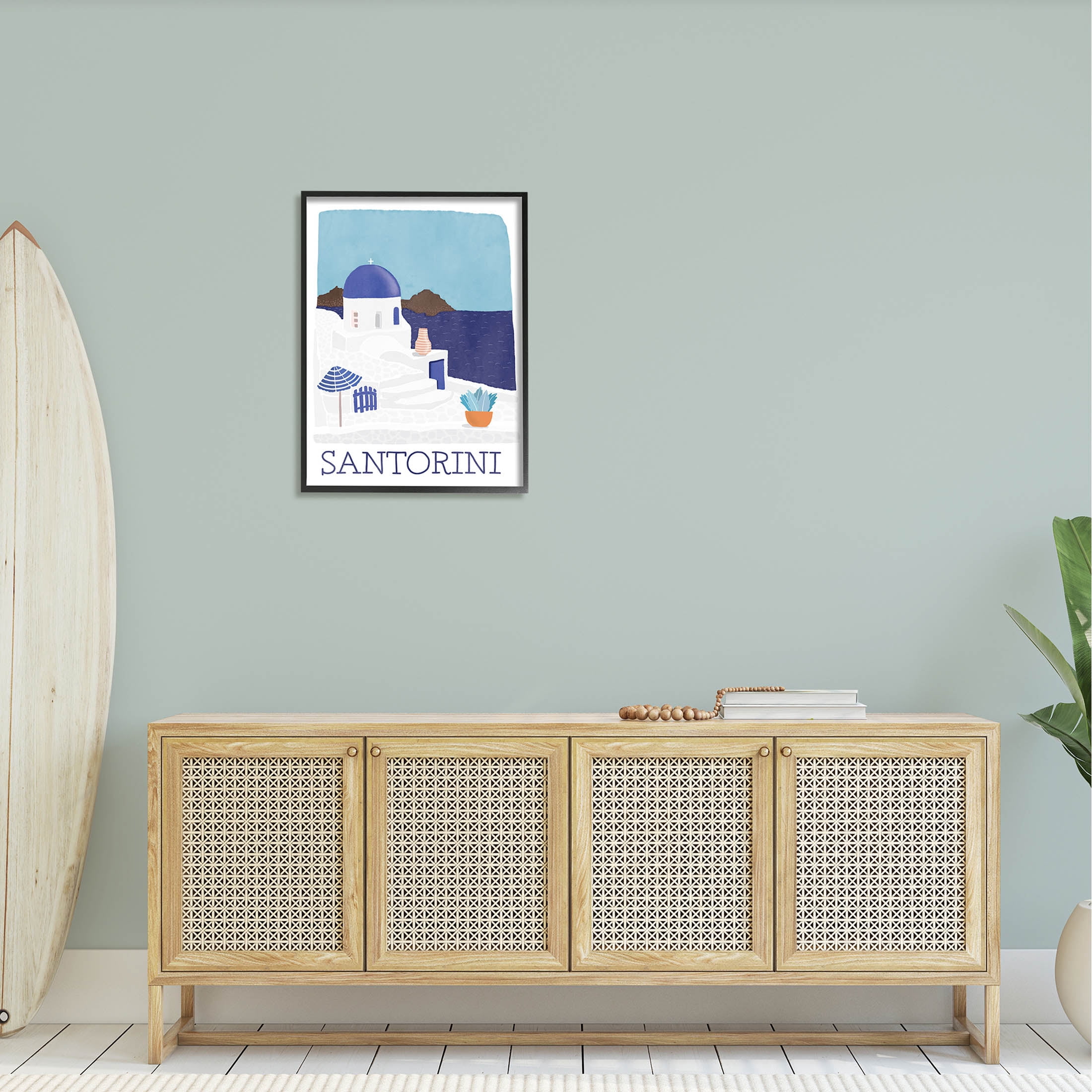 Santorini Vacation Island View Landscape Graphic Art Black Framed Art Print Wall Art