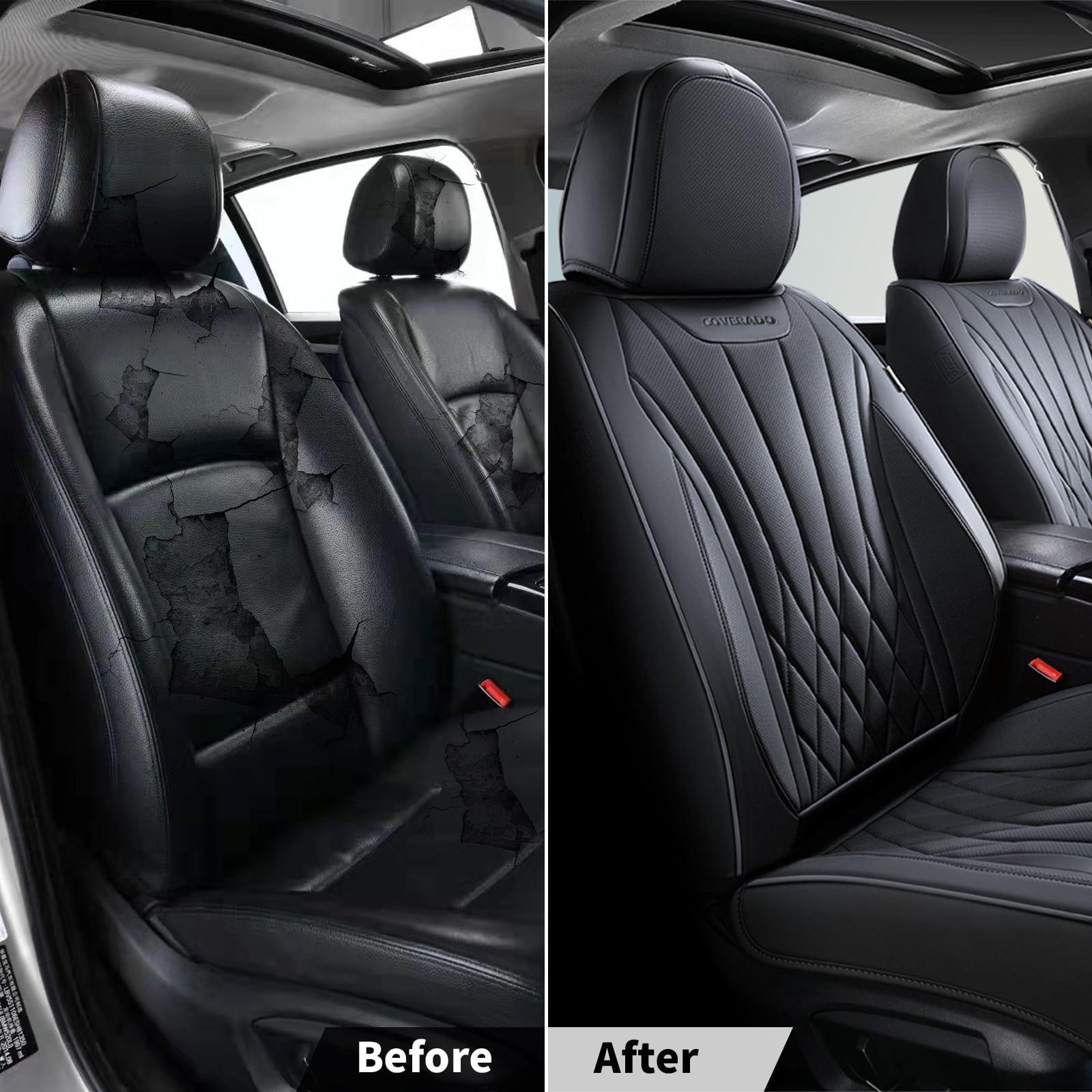 Coverado Front Car Seat Covers, Premium Leather Seat Protectors, Sleek Design Universal Fit for Most Cars, Black