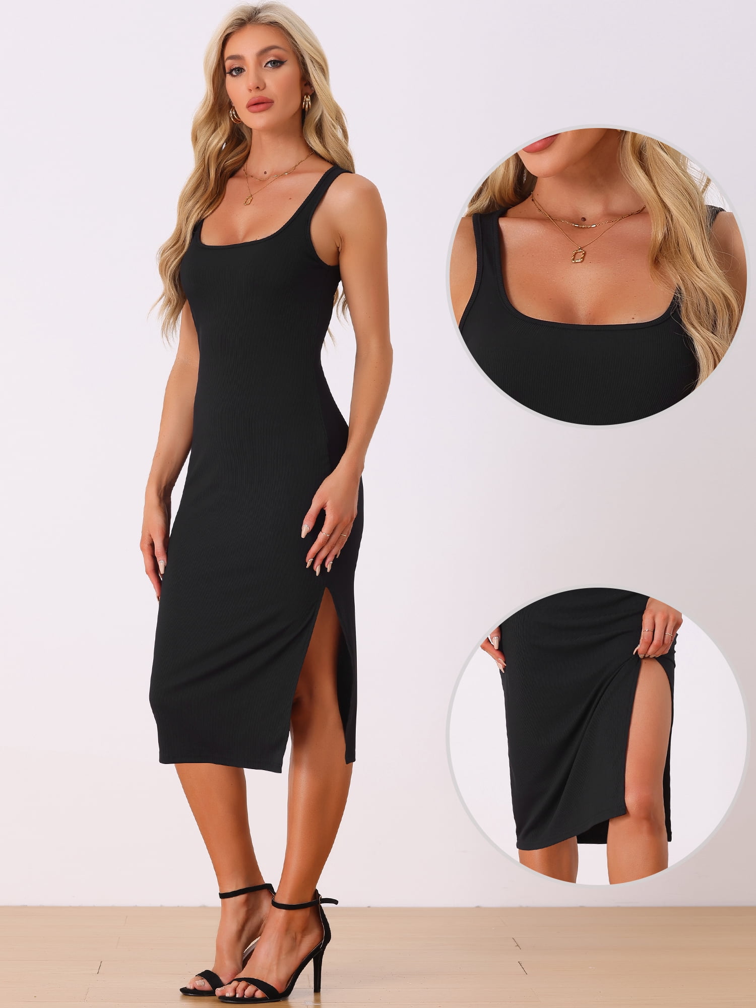 DARING DIVA Ribbed Tank Scoop Neck Knit Split Bodycon Dress M Black