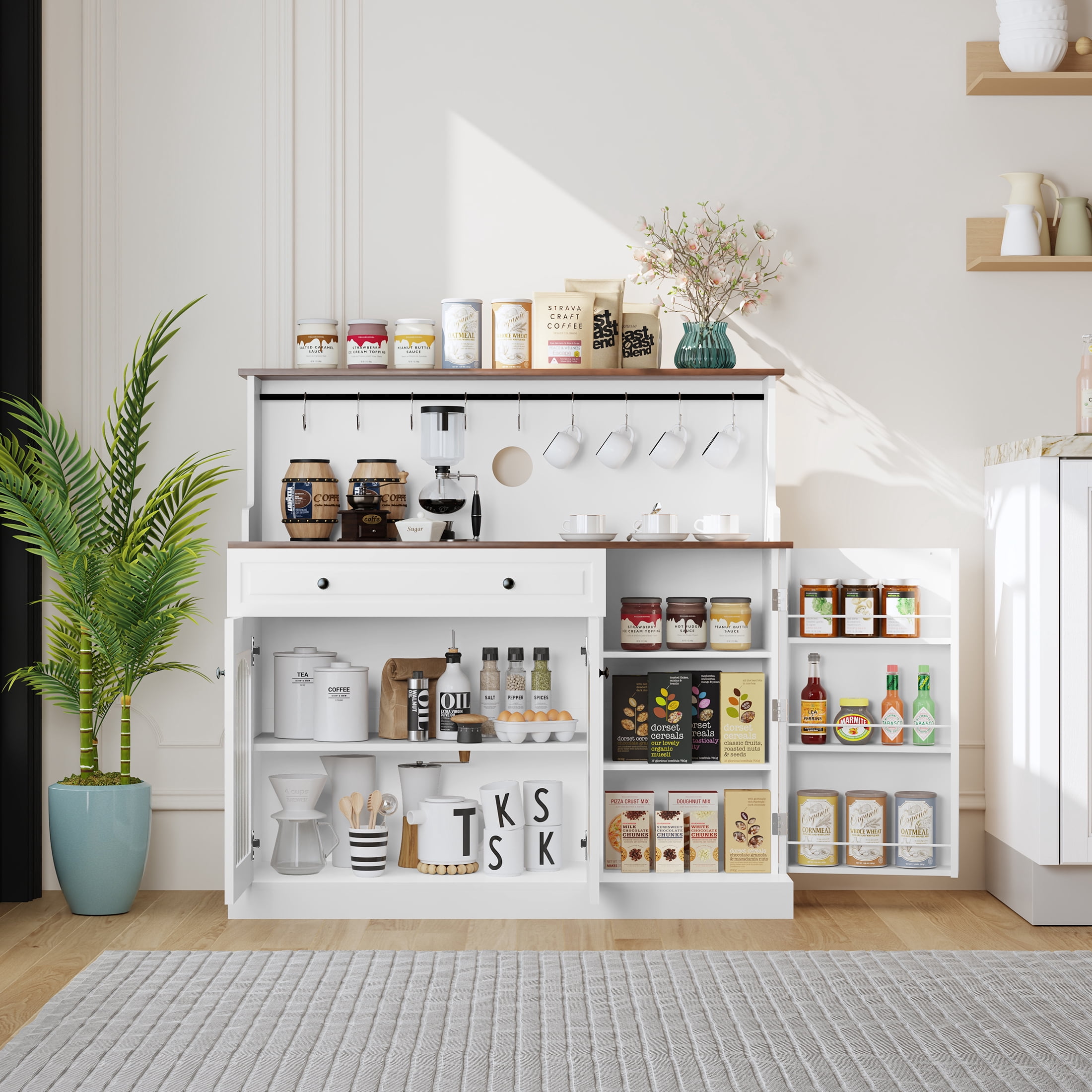 HLR 48" Modern Wood Kitchen Pantry Cabinet, Coffee Bar with Drawer & Microwave Stand, Dining Room, White