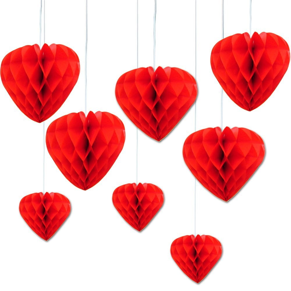 Valentine Red Hanging Honeycomb Tissue Paper Hearts.pack Of 8 Red Heart 