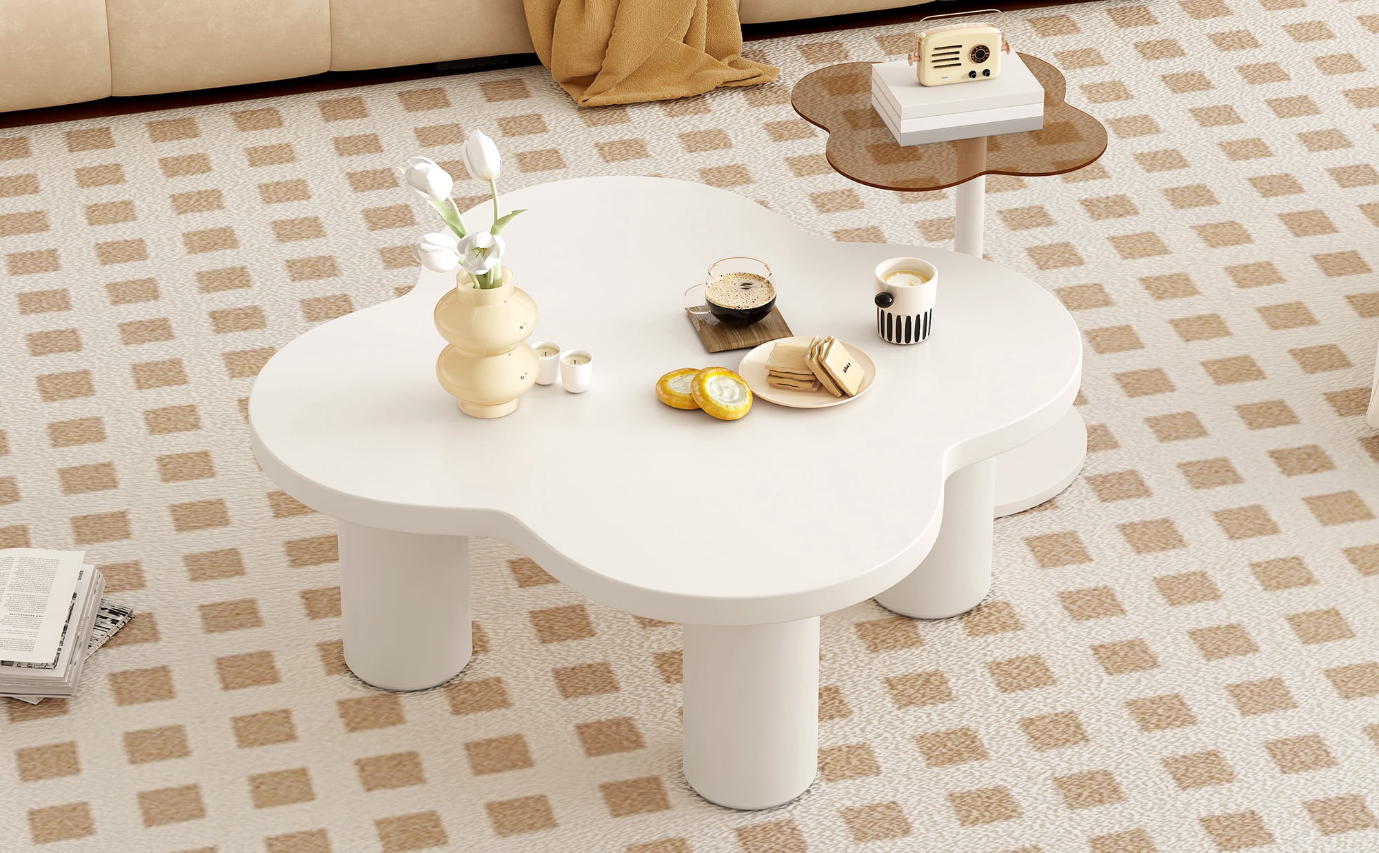 Euroco Modern Petal-Shaped Nesting Coffee Table Set with Glass & Solid Surface Tops