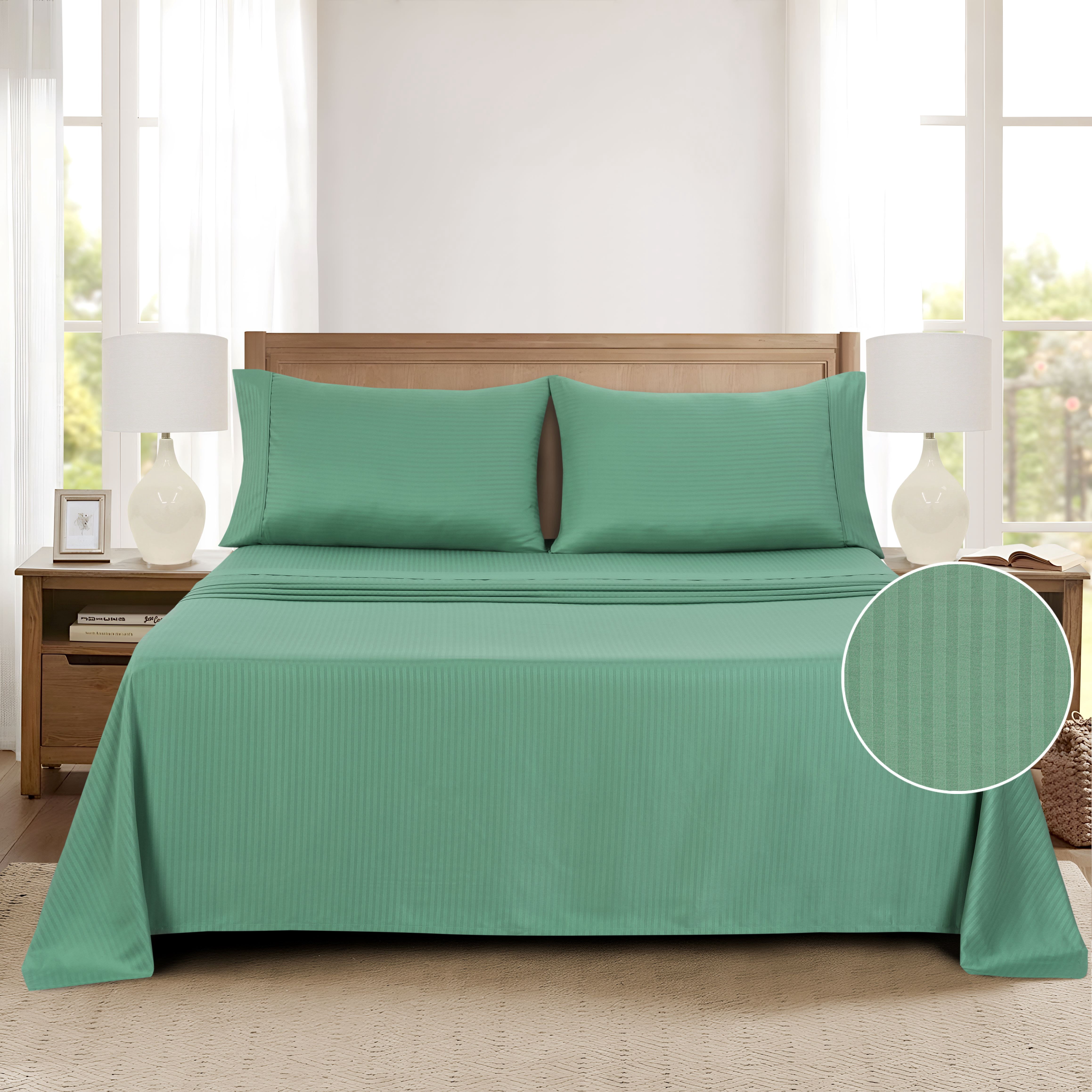 Mainstays Super Soft Brushed Microfiber Bed Sheet Set, Green Sage Embossed Stripe, King, 4 Piece