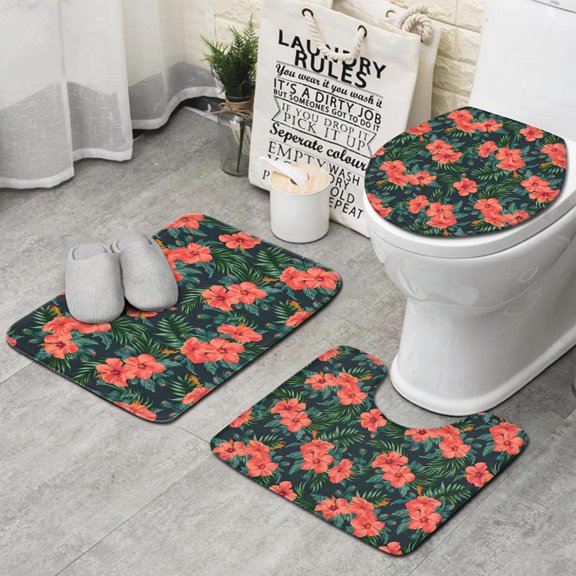 Pioneer Flower Floral Print Pattern Bathroom Rugs Sets 3 Piece,Toilet Cover Set,Absorbent Non Slip Bathroom Mats Sets with U-Shaped Contour Rug Toilet Rug Set